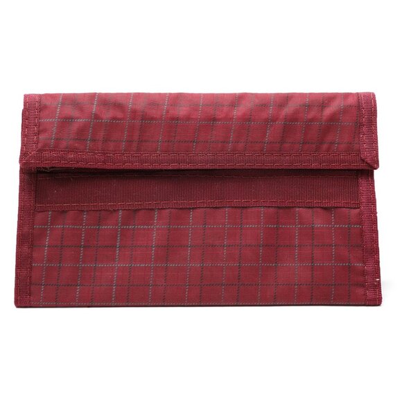 Vintage Plaid Nylon Wallet Red Burgundy Checks Zipper Velcro Closure - Picture 1 of 8